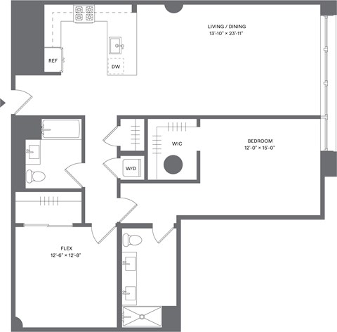 Floor plan for 1 bed, 2 baths, 1331 sqft